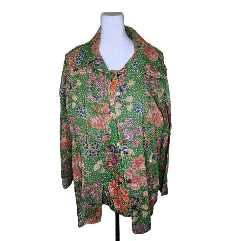 Vintage 70s Boho Tank Top Long Sleeve Shirt Set Womens Plus 1X Green Floral